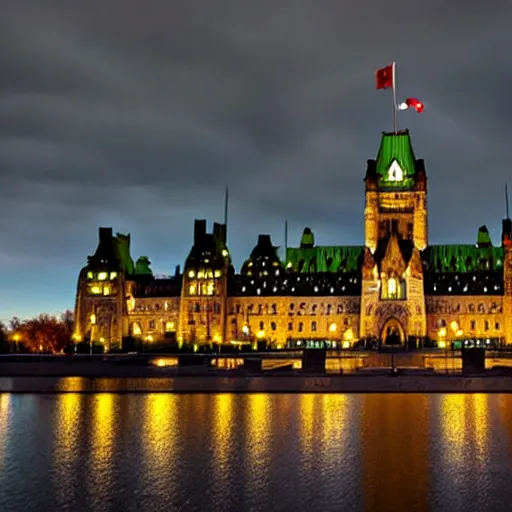 Image similar to Canadian Parliament building in Ottawa if it was cyberpunk, photorealistic