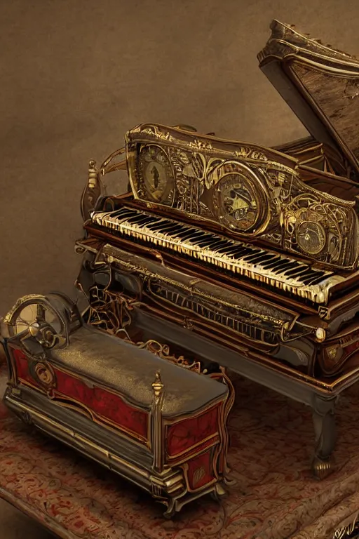 Image similar to Tonemapped Steampunk harpsichord, Artstation, photorealistic