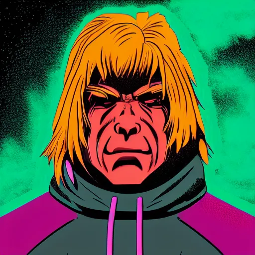 Image similar to he - man in hoodie, portrait, vaporwave, synthwave, neon, vector graphics, cinematic, volumetric lighting, f 8 aperture, cinematic eastman 5 3 8 4 film