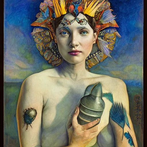 Image similar to queen of the dawn with her lantern, by Annie Swynnerton and Nicholas Roerich and Diego Rivera, bioluminescent skin, feather tattoos, elaborate costume, geometric ornament, symbolist, soft colors, smooth, sharp focus, extremely detailed