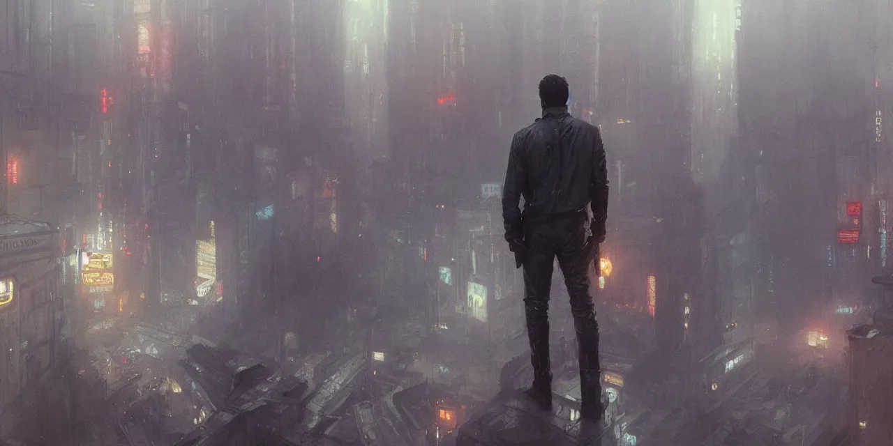 Image similar to 2 0 1 8 blade runner movie dirty harry western look at the cityscape from roof perfect face fine realistic face pretty face reflective polymer suit tight neon puffy jacket blue futuristic sci - fi elegant by denis villeneuve tom anders zorn hans dragan bibin thoma greg rutkowski ismail inceoglu illustrated sand storm alphonse mucha