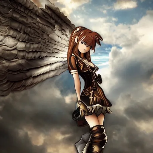 Image similar to steampunk angel, anime, extremely detailed, cinematic lighting, low angle, intense, epic, clouds, sky,