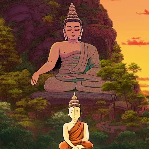 Prompt: highly detailed full body picture of Buddha in the style of Studio Ghibli, concept art, digital art, studio lightning, bright colors, intricate, masterpiece, photorealistic, hiperrealistic, sharp focus, high contrast, intricate, Artstation HQ, DeviantArt trending, 4k UHD, Unreal Engine 5