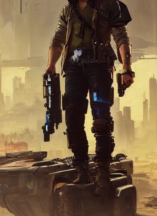 Image similar to arthur morgan. cyberpunk mercenary with tattoos wearing a military vest and combat jumpsuit. (Cyberpunk 2077, bladerunner 2049). Iranian orientalist portrait by john william waterhouse and Edwin Longsden Long and Theodore Ralli and Nasreddine Dinet, oil on canvas. Cinematic, hyper realism, realistic proportions, dramatic lighting, high detail 4k