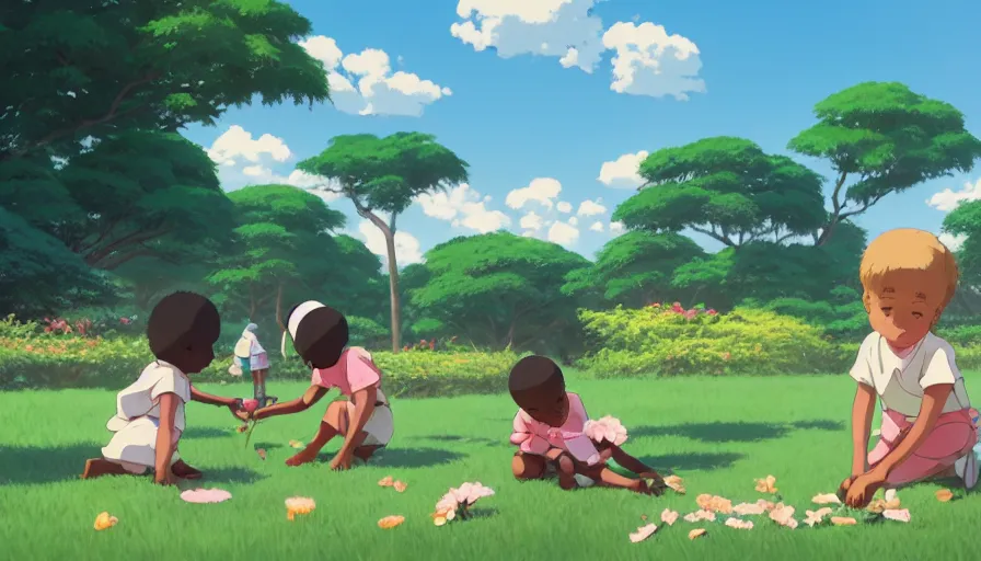 Image similar to african toddlers and white toddlers playing together city park with flowers, artstation, elegant, highly detailed, digital painting, concept art, smooth, sharp focus, illustration, art by studio ghibli, fujita goro, atey ghailan, tom whalen, jean giraud 8 k