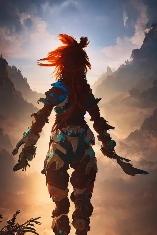 Image similar to combination suit armor aloy horizon forbidden west horizon zero dawn radiating a glowing aura global illumination ray tracing hdr fanart arstation by ian pesty and alena aenami artworks in 4 k tribal robot ninja mask helmet backpack