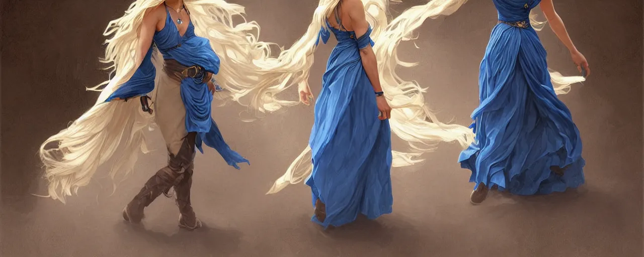 Prompt: full figure ultra realistic illustration, tessa thompson wearing a maiden blue dress, blonde flowy hair, old west, intricate, elegant, highly detailed, digital painting, artstation, concept art, smooth, sharp focus, illustration, art by artgerm and greg rutkowski and alphonse mucha