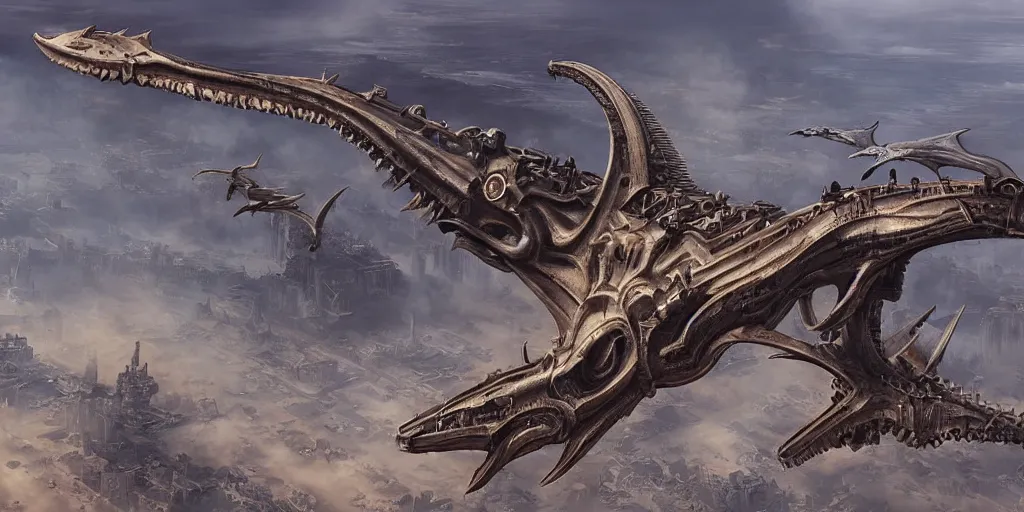 Image similar to giger steampunk wyvern flying over huge desert city, in style of federico pelat greg rutkowski