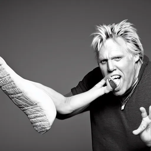 Prompt: studio portrait of gary busey with a giant foot emerging from his mouth