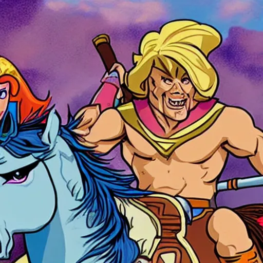 Image similar to He-Man, She-Ra, and Skeletor riding a horse together