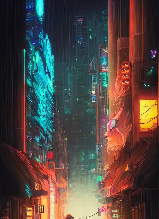 Image similar to beautiful portrait commission of a giant albino male furry anthro lion overlord controlling a vaporwave city at night in the rain below him. Neon light. Atmospheric. Character design by charlie bowater, ross tran, artgerm, and makoto shinkai, detailed, inked, western comic book art, 2021 award winning painting