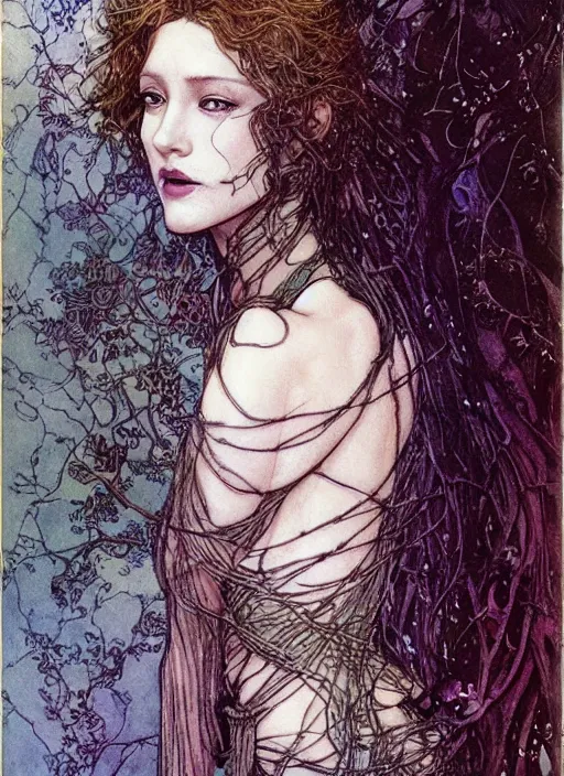 Prompt: realistic detailed painting of young jennifer beals by david mack, yoshitaka amano and rebecca guay and arthur rackham, Neo-Gothic, gothic, rich deep colors