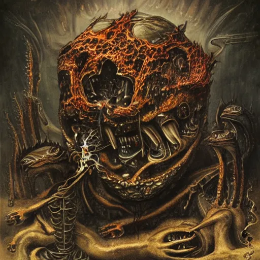 Image similar to monsters consumed transformed transmutation in a fiery alchemical cauldron painted by giger