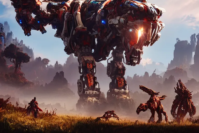 Image similar to thunderjaw machine mecha animal beast robot of horizon forbidden west horizon zero dawn bioluminiscence global illumination ray tracing hdr fanart arstation by sung choi and eric pfeiffer and gabriel garza and casper konefal