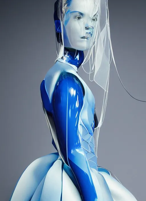 Prompt: a digital portrait of an european girl detailed features wearing a cyber latex suit wedding dress - synthetic materials imac bondi blue 1 9 9 8 by issey miyake by ichiro tanida and mitsuo katsui