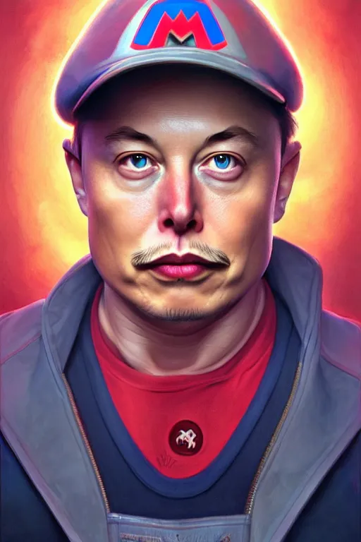 Image similar to elon musk as mario from the super mario bros, realistic portrait, symmetrical, highly detailed, digital painting, artstation, concept art, smooth, sharp focus, illustration, cinematic lighting, art by artgerm and greg rutkowski and alphonse mucha