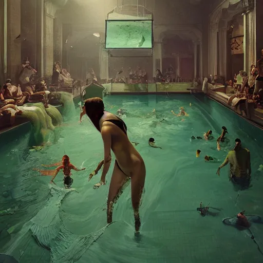 Prompt: people looking scared at a pool full of green mud , artwork by Sergey Kolesov, detailed, dynamic, cinematic composition