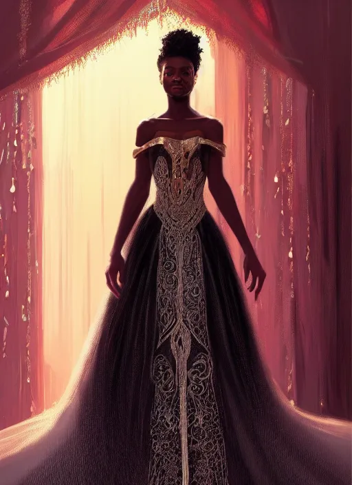 Image similar to full body portrait of young black woman as a princess, beautiful long flowing gown, intricate, beautiful gleaming jewels, highly detailed, digital painting, artstation, concept art, smooth, sharp focus, illustration, art by wlop, mars ravelo and greg rutkowski