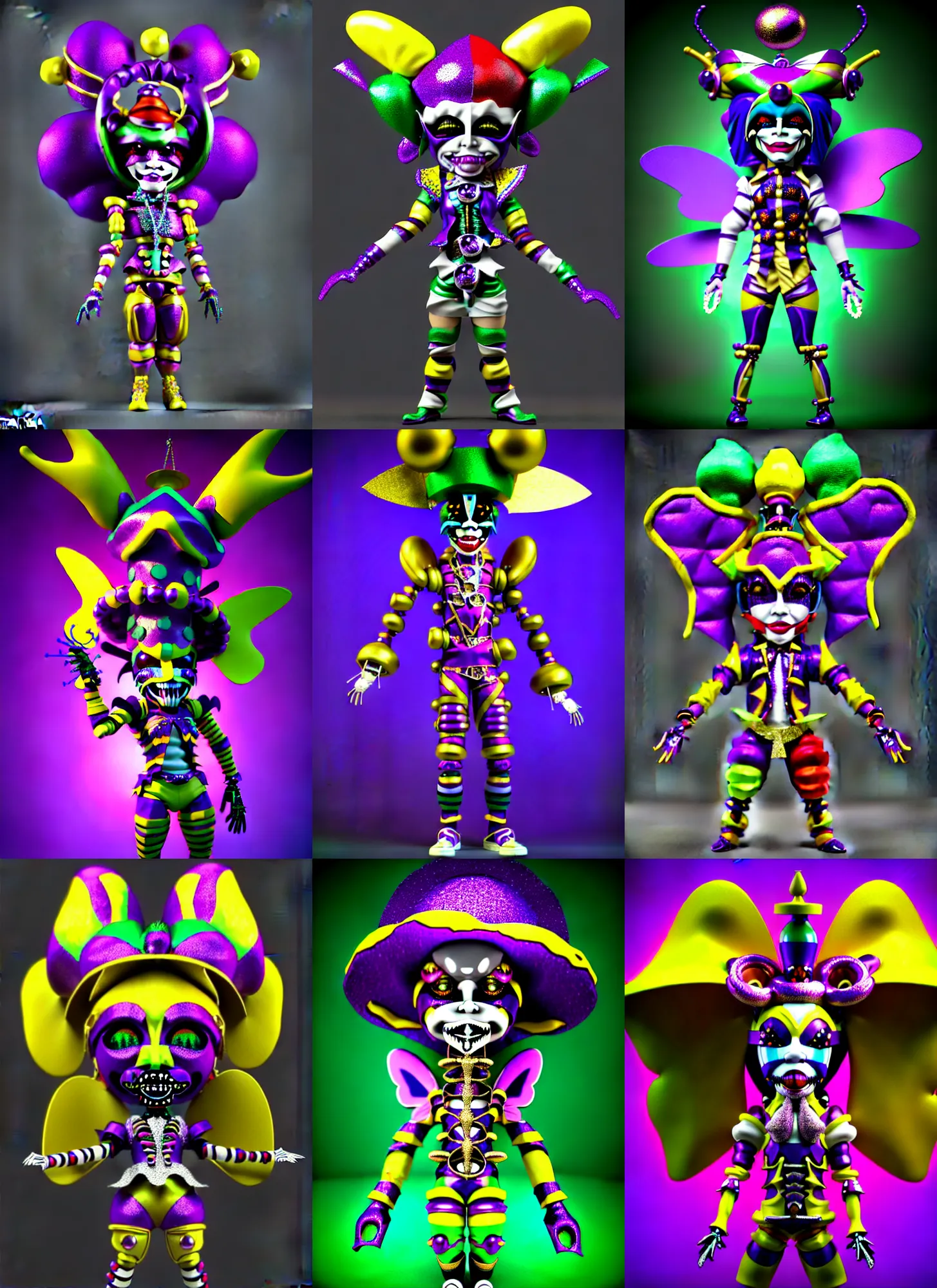 Prompt: 3d render of chibi Nightmaren cyborg Mardi Gras jester harlequin doll' by Ichiro Tanida wearing a 'jester cap and bells cockscomb cap' and wearing angel wings against a psychedelic swirly background with 3d butterflies and 3d flowers n the style of 1990's CG graphics 3d rendered y2K aesthetic by Ichiro Tanida, 3DO magazine