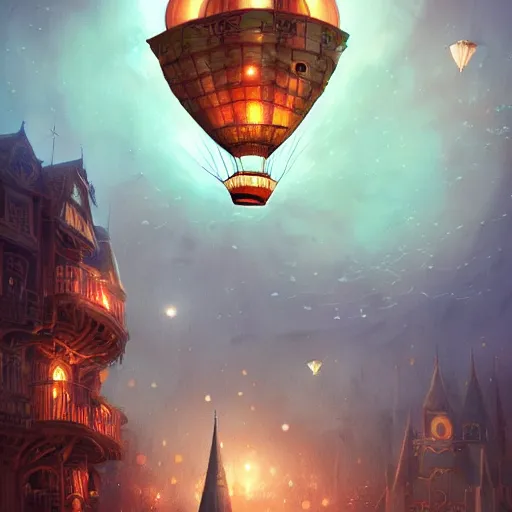 Image similar to a beautiful stunning fantasy whimsical matte digital illustration of a hot - air balloon powered by magic over a lit city at night by marc simonetti, pastel color palette, disney magic the gathering steampunk, chiaroscuro magical bokeh moon stars, trending on artstation hq, masterpiece