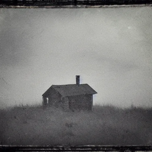 Image similar to an a abandoned cabin shrouded by fog on a hill overlooking a stormy sea as a tintype