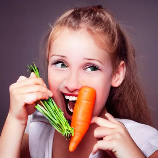 Image similar to a girl with a big teeth and she's eating a carrot photo - realistic