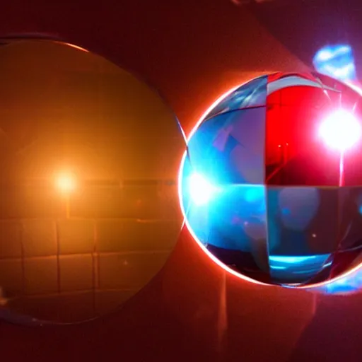 Prompt: chrome spheres on a red cube, anamorphic lens flare