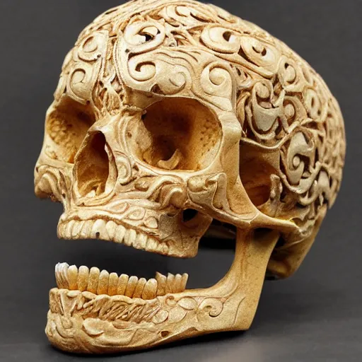 Image similar to intricately carved human skull, intricate ornament, baroque style, Oriental ornament