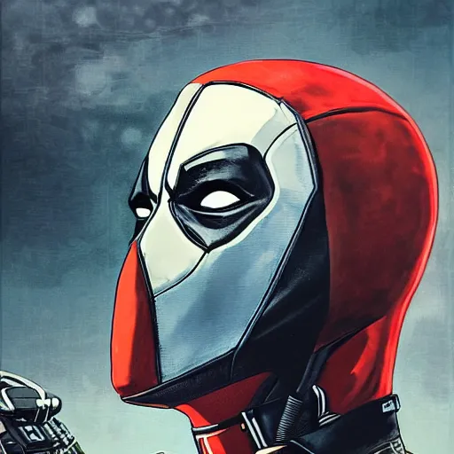 Image similar to a portrait of deadpool in a racing helment by sandra chevrier, detailed render, epic composition, cybernetics, 4 k realistic, cryengine, realistic shaded lighting, sharp focus, masterpiece, by matteo scalera, gary montalbano, peter elson in the style of the tokyo ghost comic