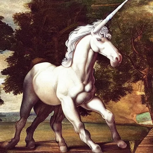 Image similar to an absolute beast of a muscly unicorn walking on rainbow in the style of caravaggio