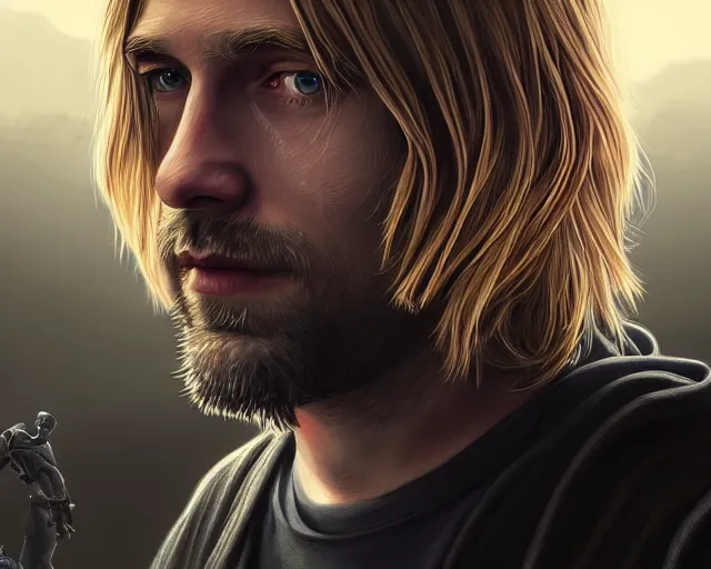 Prompt: a gaming screenshot still portrait of kurt cobain in death stranding, deep focus, d & d, fantasy, intricate, elegant, highly detailed, digital painting, artstation, concept art, matte, sharp focus, illustration, dark fantasy style art, hearthstone, art by artgerm and greg rutkowski and alphonse mucha