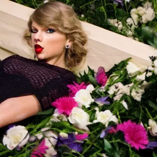 Prompt: Taylor Swift resting inside a coffin, movie scene, closed eyes, flowers,