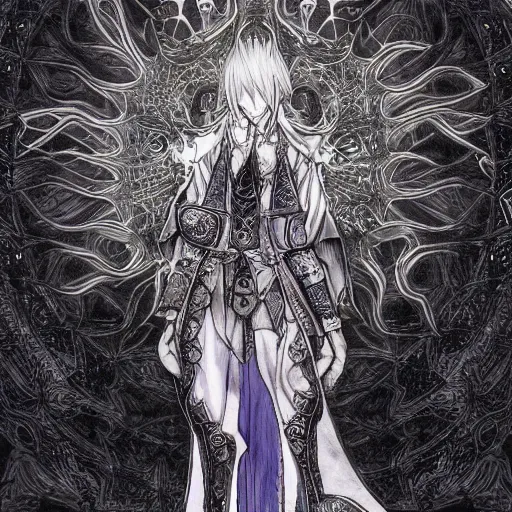 Image similar to a mage from final fantasy 14 drawn by Yoshitaka Amano, intricate, amazing line work, psychedelic