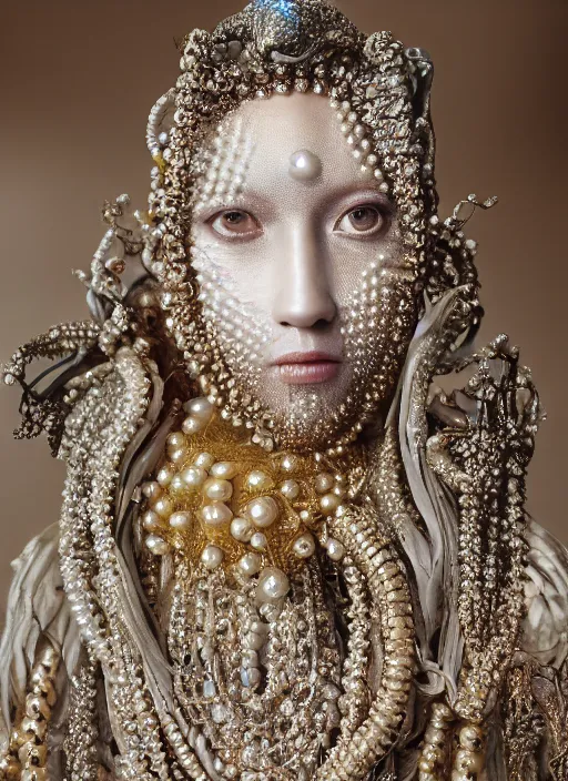 Image similar to hyperrealism, detailed textures, award winning autochrome photo, symetrical japanese pearl medusa queen autochrome pearl portrait, pearl silverplate, intricate, detailed facial pearl animal mask, pearl, golden jewelery, silverplate, ultra realistic, cinematic, intricate, cinematic light by steve mccurry, unreal engine 8 k