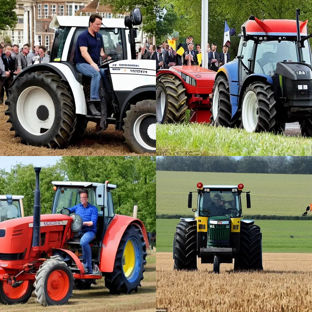 Prompt: mark rutte driving a tractor dressed as a farmer, protesting at the Hague