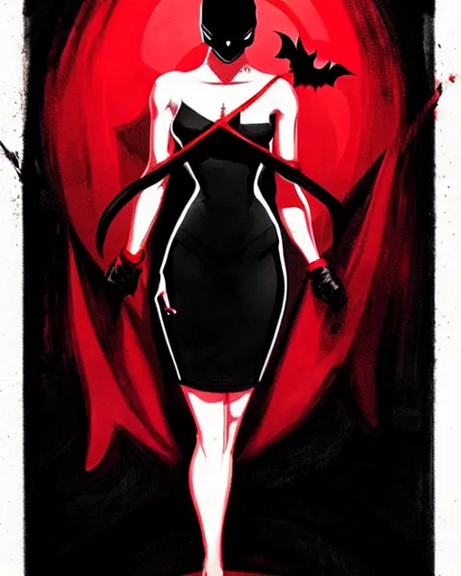 Image similar to rafael albuquerque comic art, peter mohrbacher, phil noto, artgerm, pretty evil elizabeth olson witch, black and red dress, symmetrical eyes