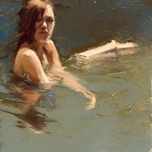 Prompt: Young Sissy Spacek swimming by Jeremy Mann, stylized, detailed, realistic, one inch thick, heavy impasto,loose brush strokes, simple, wholesome, earthy tones, touch of gold leaf