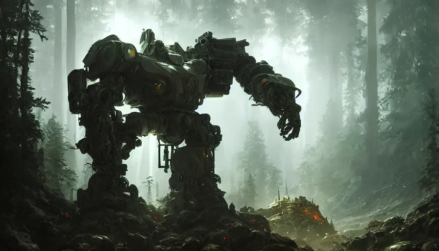 Image similar to military mech covered in armor with elden ring aesthetic, glowing lights, beautiful forests and trees, intricate detail, epic wallpaper, art by darek zabrocki and John Park and Feng Zhu and Jason Chan, trending on artstation, masterpiece.