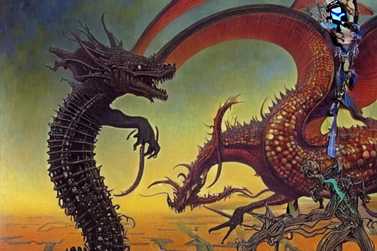 Image similar to realistic extremely detailed closeup portrait painting of a beautiful black woman riding a mutant dragon, dystopian city on background by Jean Delville, Amano, Yves Tanguy, Ilya Repin, Alphonse Mucha, Ernst Haeckel, Edward Robert Hughes, Roger Dean, heavy metal 1981, rich moody colours