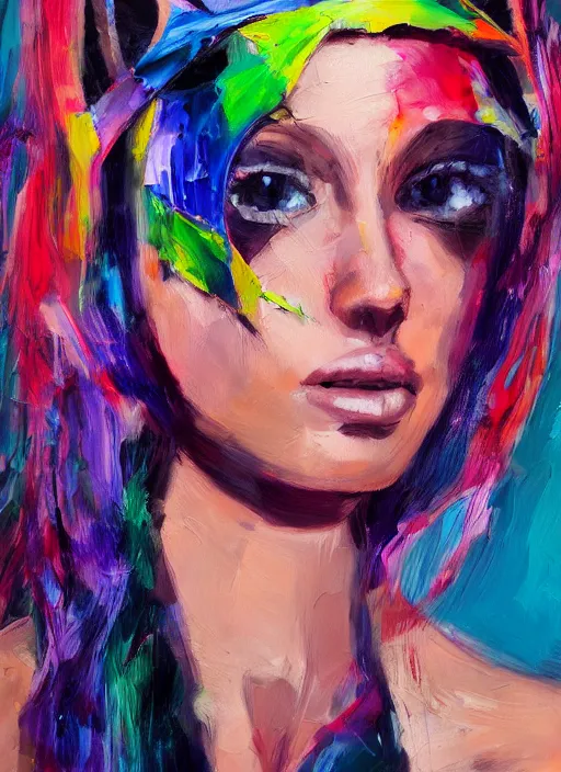 Prompt: girl with cat ears at a rave, realistic bikini, expressive oil painting, abstract art, trending on artstation, geometric art, portrait