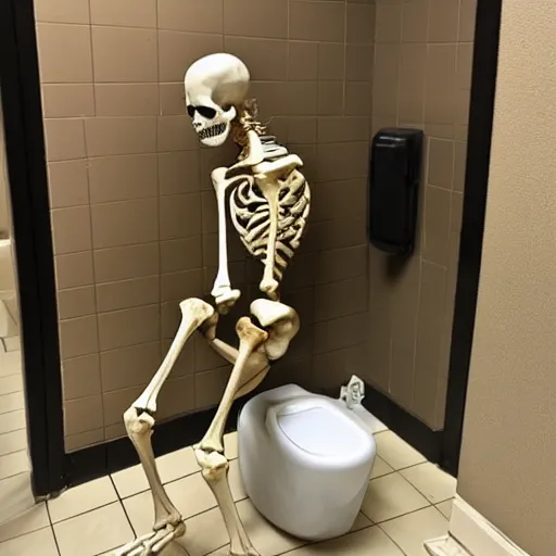 Prompt: a skeleton using a urinal in a public restroom