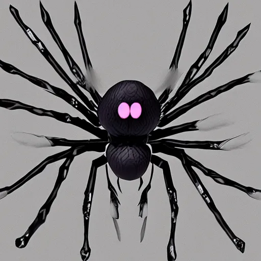 Prompt: Kumoko, a White and black patterened spider with pink eyes and spikes on it's back, CGI, anime, Kumo Desu ga Nani ka?, digital 3D drawing, sharp focus, concept-art