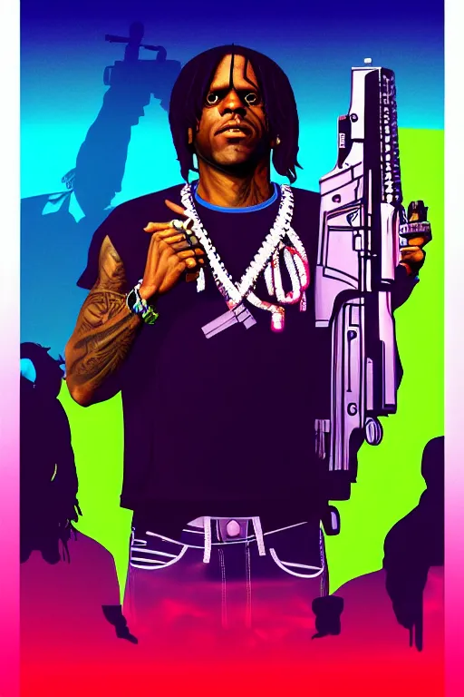 Prompt: chief keef with riffle, gta vice city style art, pop art, no duplicate image, glowing lights, ultra details, ultra realistic, digital painting, artstation, concept art, smooth, sharp focus, illustration, intecrate details, art by richard hamilton and mimmo rottela, pixels art by kirokaze and paul robertson