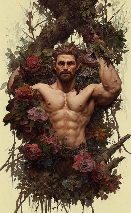 Image similar to god of the forest, 3 0 years old, rugged, male, gorgeous, detailed face, amazing, thighs!!!!!!, flowers, muscular, intricate, highly detailed, digital painting, artstation, concept art, sharp focus, illustration, art by greg rutkowski and alphonse mucha