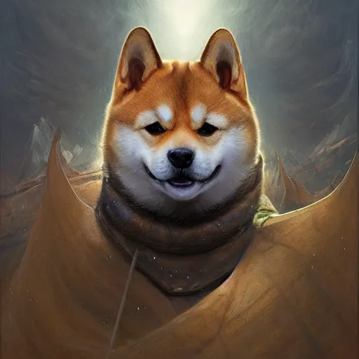 Image similar to realistic anthropomorphic shiba inu, in daedric armor, stuning 3 d render, masterpiece, glowing aura, by donato giancola and greg rutkowski and wayne barlow and zdzisław beksinski, realistic face, visible face, digital art