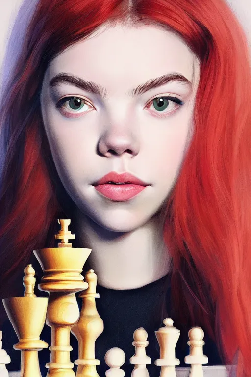 Image similar to a ultra detailed beautiful panting of anya taylor - joy, queens gambit, red hair, bangs, she is holding a chess piece in her hand, high angle shot, the background has an abstract chessboard pattern, oil painting, by ilya kuvshinov, greg rutkowski and makoto shinkai