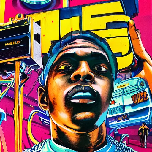 Prompt: detailed photorealistic pictures of 9 0 s hip hop cover album style from rapper two ballz called hustle on the buut in the style of bob peak and alex ross, gouache and wash paints color, detailed facial and body and human environments and background and foreground and small details and big details proportionate, detailed 5 k details, detailed string text.