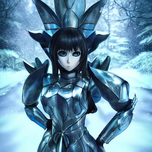 Image similar to portrait focus of knight beautiful 3D anime girl, bionic armor wearing, dark forest background, snowing, bokeh, inspired by Masami Kurumada, digital painting, high contrast, unreal engine render, volumetric lighting, high détail