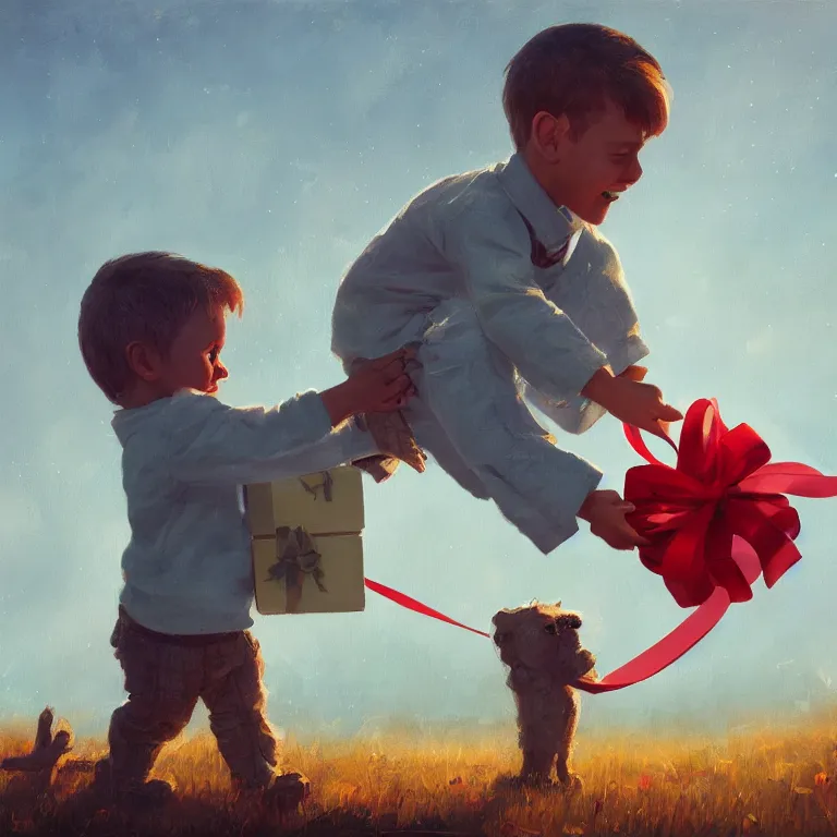 Image similar to a cute boy with a giftbox with bow and ribbon in a painting from stalenhag, 4 k, 8 k, hdr, artstation, concept art