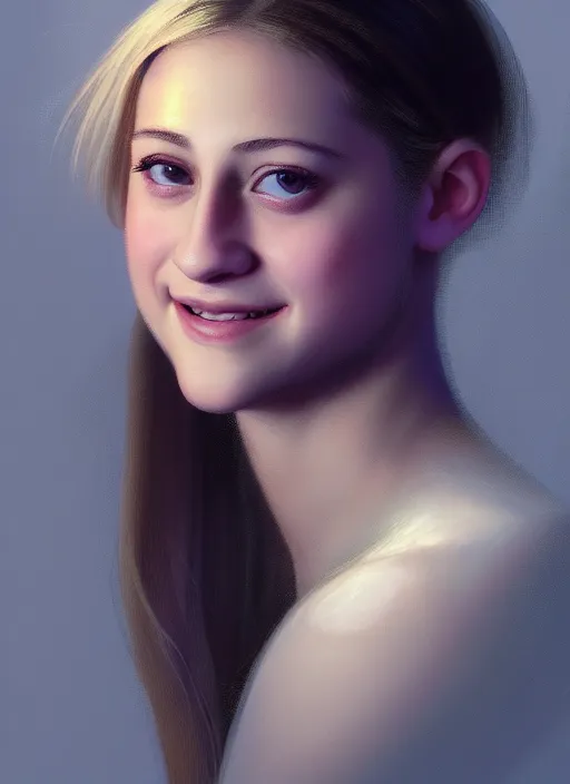 Image similar to portrait of teenage lili reinhart with bangs, smiling kindly, bangs, 1 9 6 0 s, ponytail, bangs and ponytail, intricate, elegant, glowing lights, highly detailed, digital painting, artstation, concept art, smooth, sharp focus, illustration, art by wlop, mars ravelo and greg rutkowski